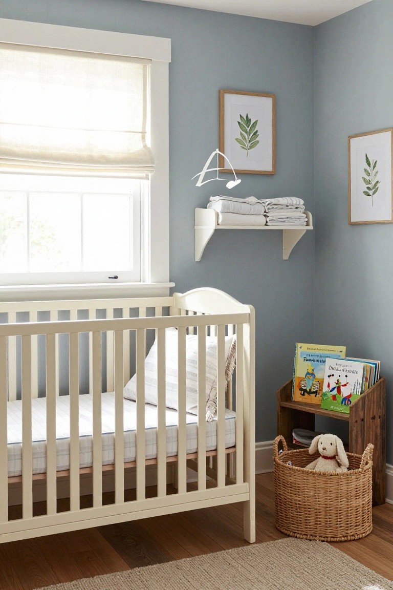 A nursery with pale blue walls, a white crib, a window with a shade, a wall shelf holding folded linens, and a wooden book rack with a woven basket on the floor.