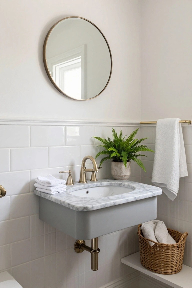 A bathroom corner with a gray wall-mounted sink, marble countertop, round mirror above, white subway tile walls, and a potted fern on the counter.