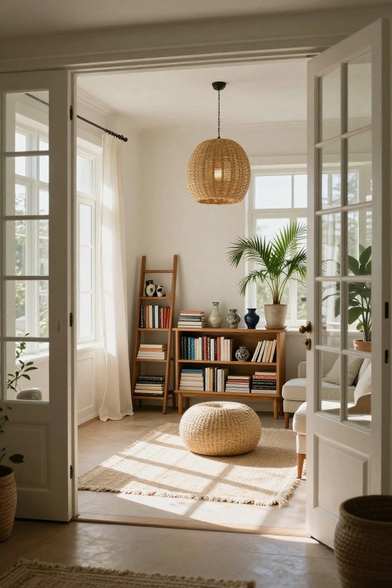 A sunlit interior room seen through open white French doors, with a woven pendant light, wooden bookshelves, a woven pouf on a jute rug, and potted plants near the windows.