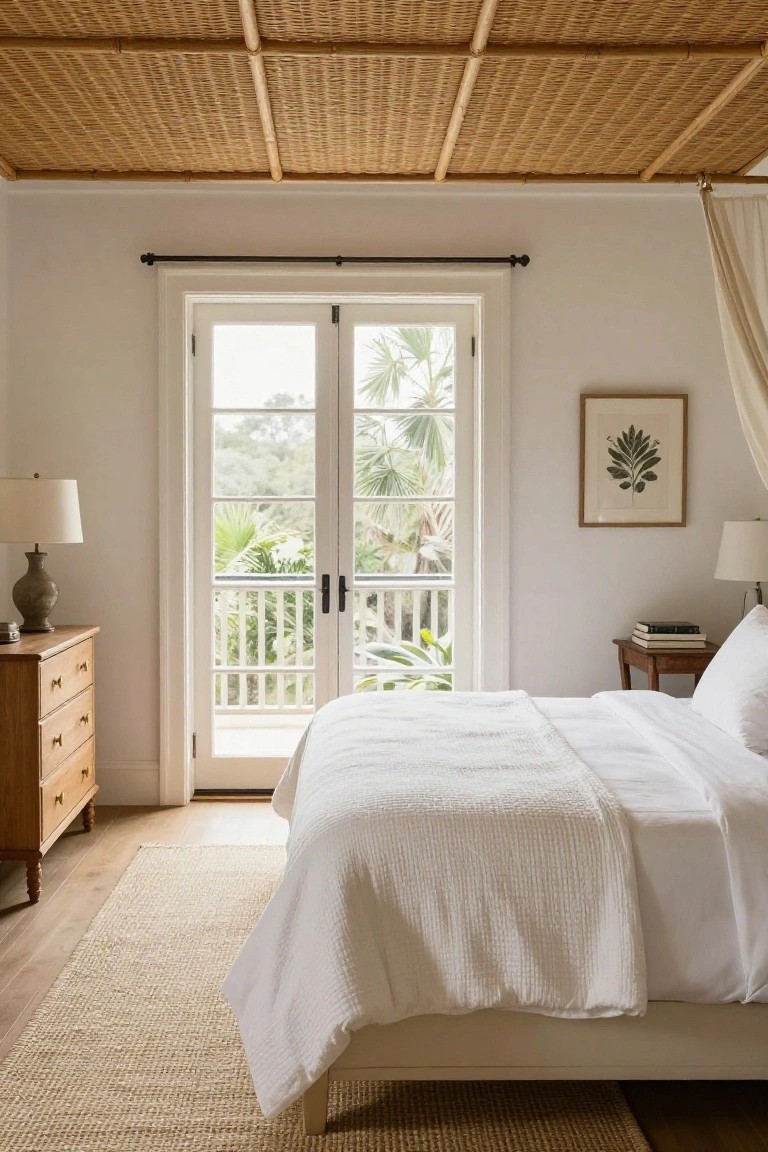 Bright bedroom with white bed, French doors to balcony, woven ceiling.