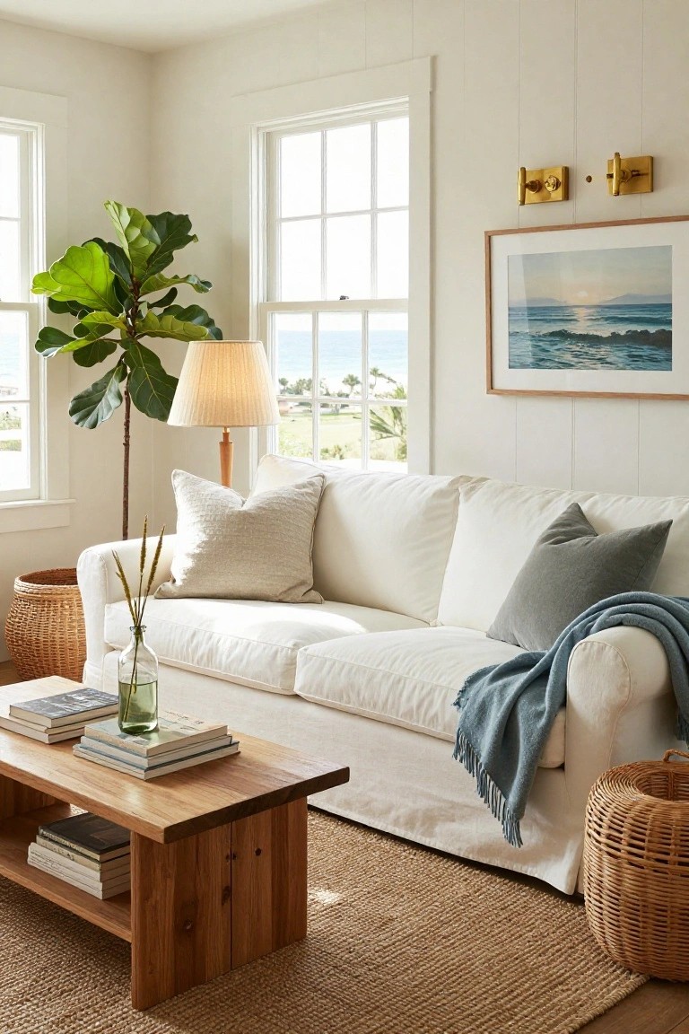 A bright living room features a white slipcovered sofa with pillows and a blue throw, a wooden coffee table with stacked books, a large potted plant, and a view of the ocean through windows.