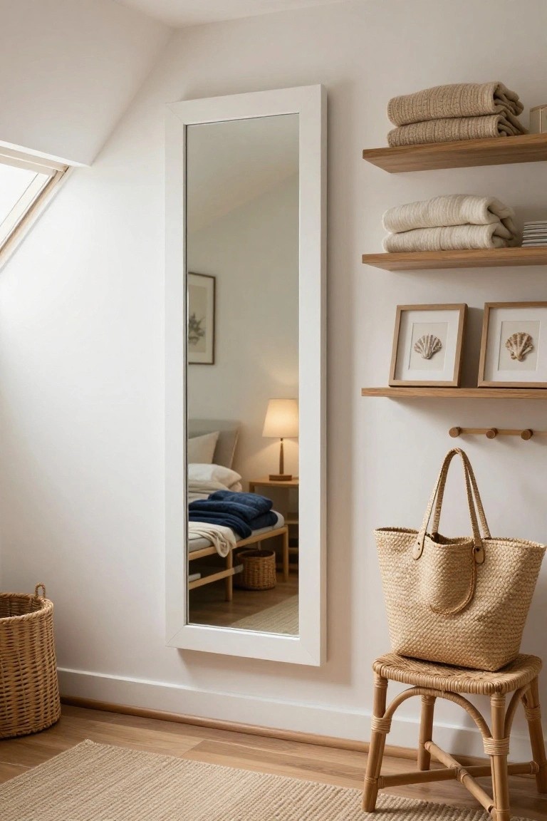 A tall white-framed mirror leans against a white wall in a bright room with wooden shelves holding folded towels and seashell prints, a woven chair with a straw tote, and baskets on the floor.