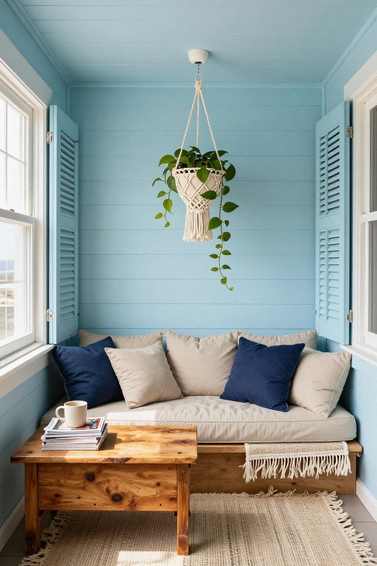 A small interior room with light blue walls has a wooden bench with cushions beneath shuttered windows, a hanging plant from the ceiling, and a wooden table in front.