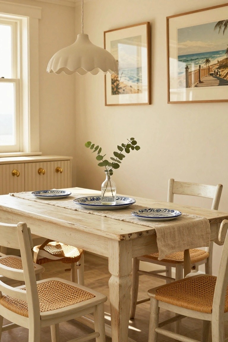 A light wood dining table set with blue and white patterned plates, a linen runner, woven cane chairs, and a glass vase of greenery, with framed ocean prints on the wall.