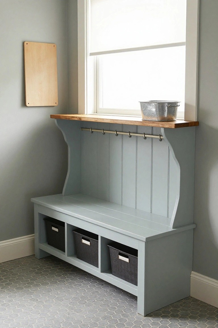 A light gray built-in bench with three storage cubbies holding dark baskets sits beneath a window with metal hooks mounted above it.