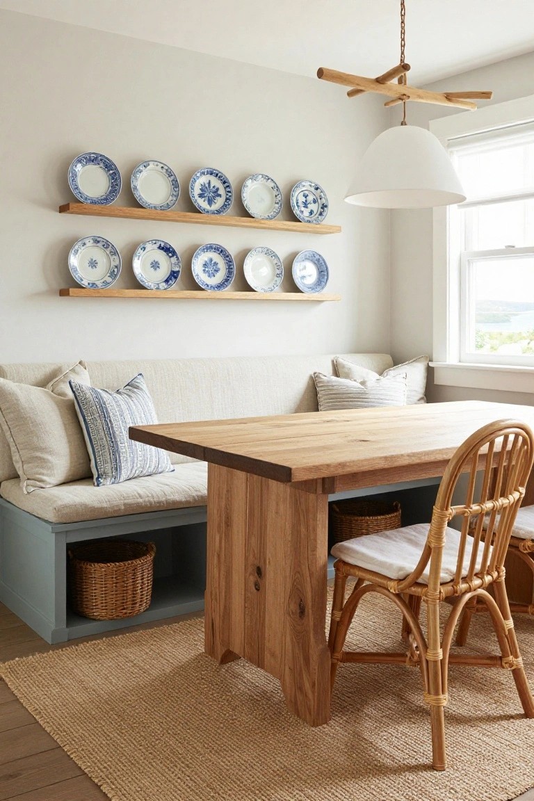 A dining area with a wooden table, built-in bench seating with storage baskets below, rattan chairs, and two wooden shelves holding blue and white plates on a light wall.
