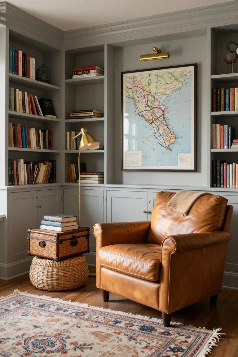 An interior corner with gray built-in bookshelves filled with books, a brown leather armchair in front, and a large framed map centered on the wall above.