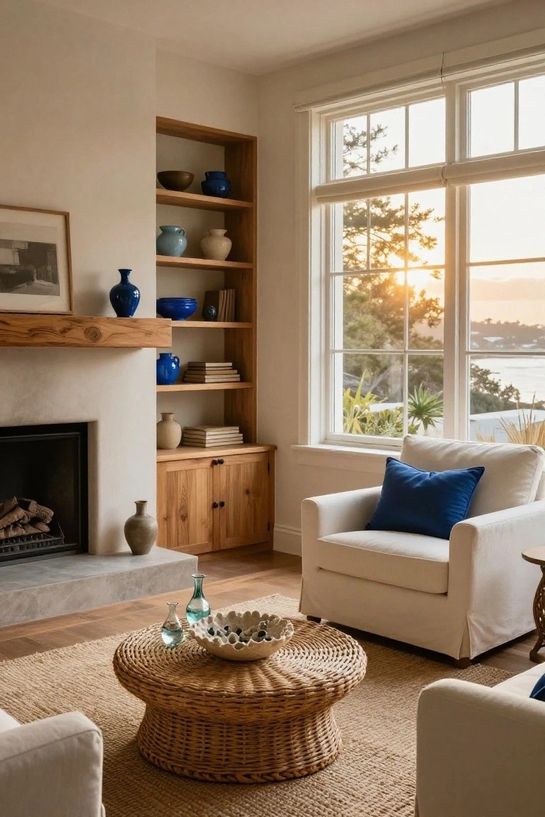A living room interior with built-in wooden shelves filled with blue pottery and books, a white armchair, fireplace, woven coffee table, and large windows with an ocean view.
