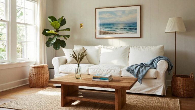 24 Budget-Friendly Coastal Decor Ideas That Still Feel High-End A bright living room features a white slipcovered sofa with pillows and a blue throw, a wooden coffee table with stacked books, a large potted plant, and a view of the ocean through windows.
