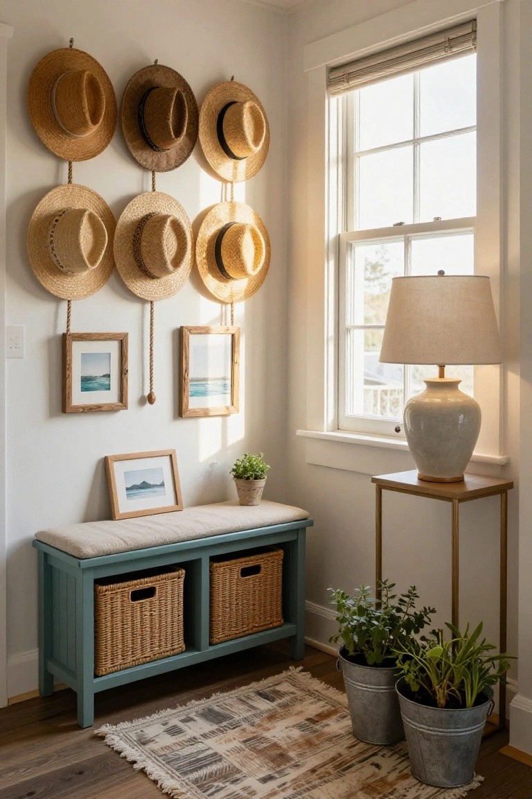 A white-walled interior corner showing multiple straw hats hung above a teal storage bench with woven baskets, framed pictures, a window with a lamp, and potted plants on the floor.