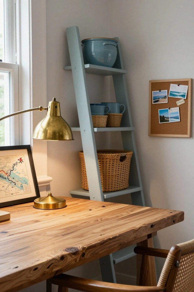 A wooden desk with a brass lamp is positioned next to a light blue ladder shelf holding woven baskets and ceramic bowls, with a corkboard on the adjacent wall.