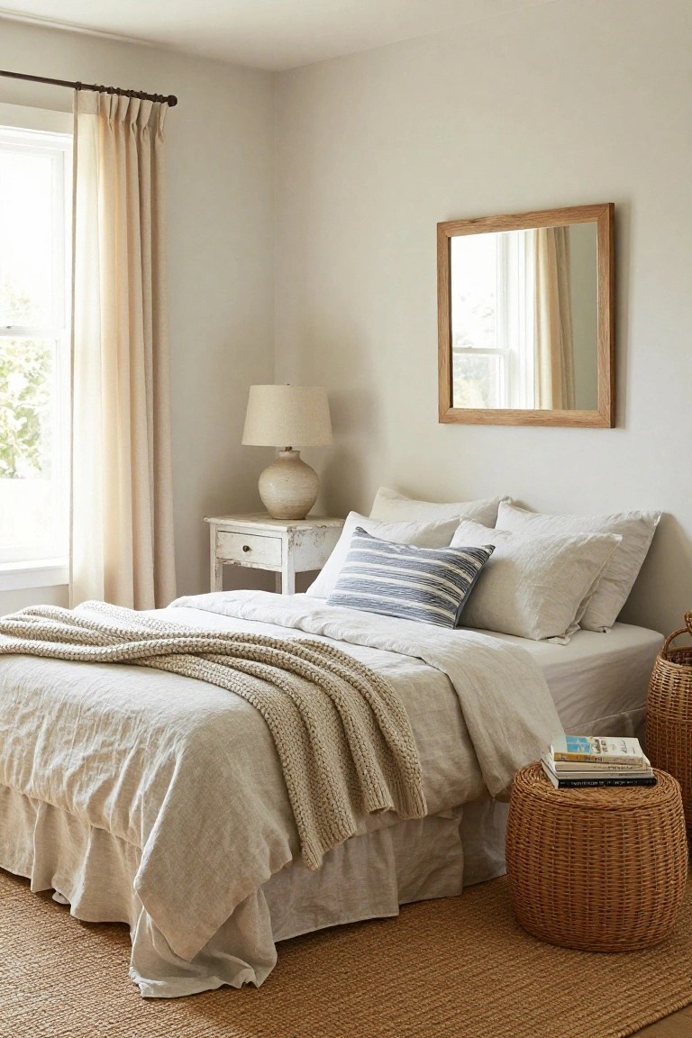A bright bedroom with a bed dressed in off-white linen sheets and a chunky knit throw, a striped accent pillow, a white nightstand with a lamp, a wooden mirror on the wall, and a woven basket beside the bed on a jute rug.