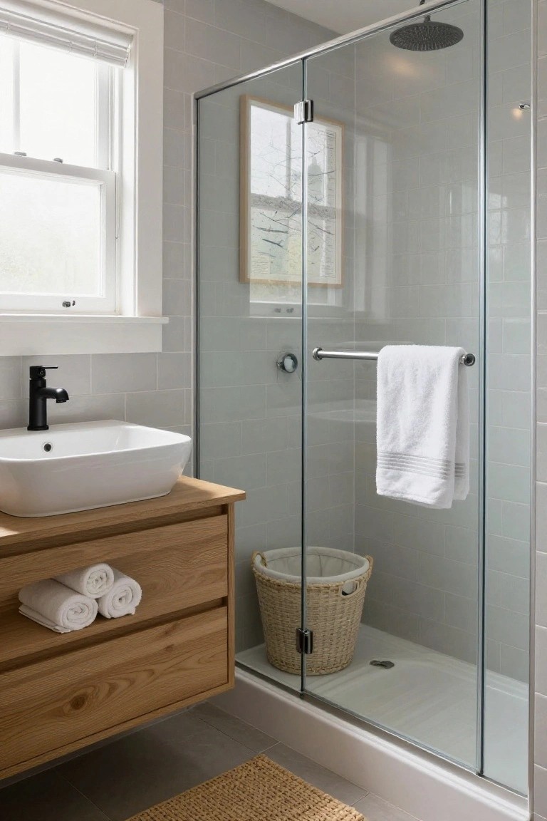 A bathroom with a white vessel sink on a wooden vanity beside a glass shower with light gray tiles.