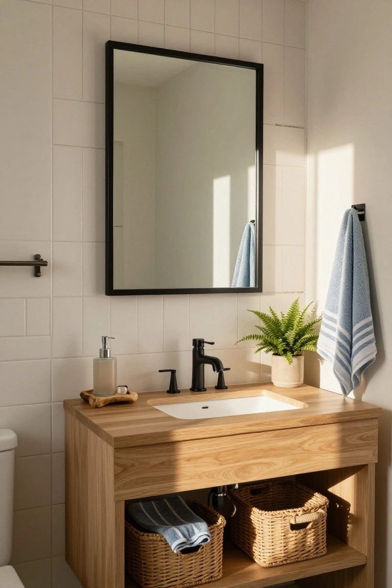 Wooden bathroom vanity with black sink, mirror, fern, and striped towels