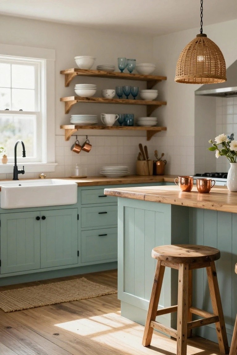 Cozy kitchen with light blue cabinets, open wooden shelves, and woven pendant light.