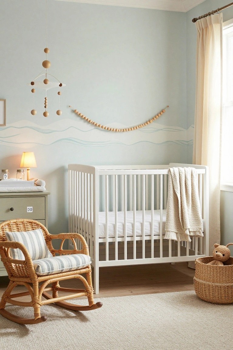 Serene nursery with white crib, rattan rocker, wooden mobile, and teddy bear basket.
