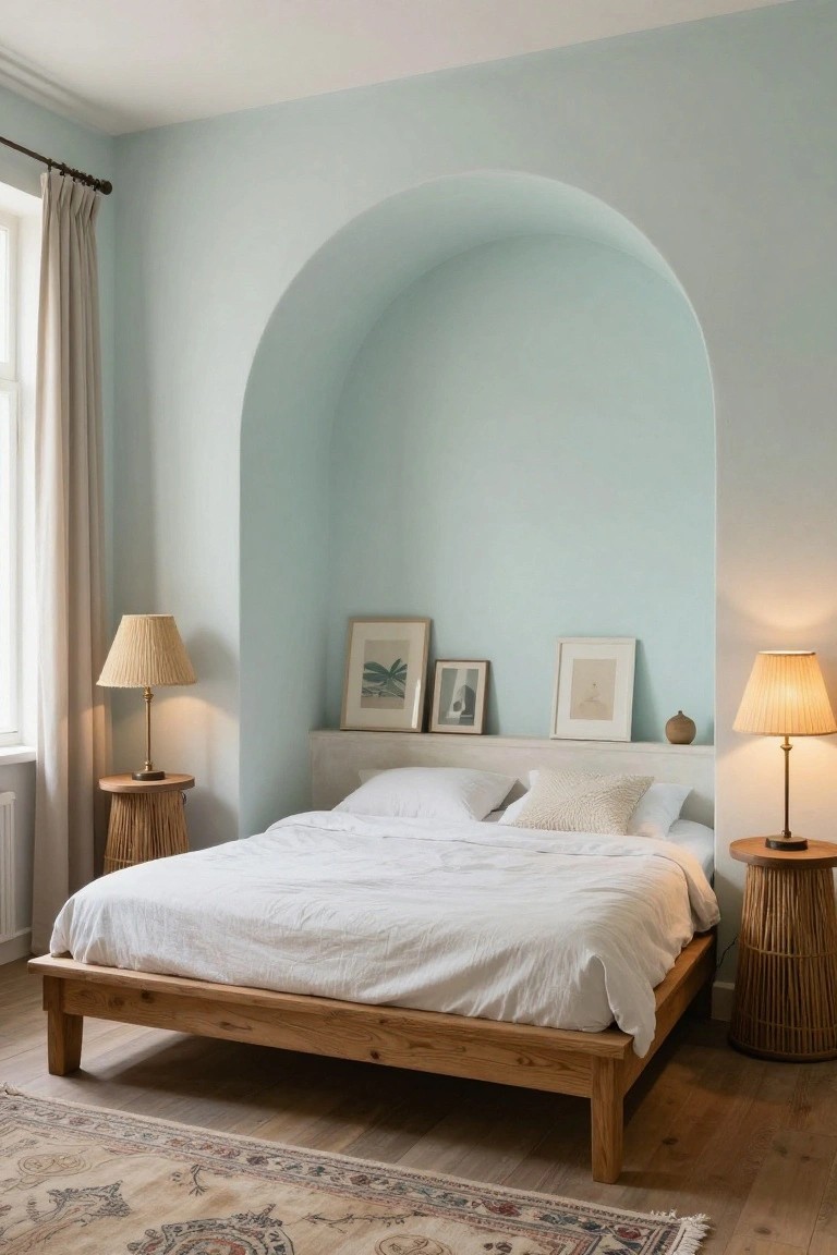 A bedroom with a wooden bed against a light blue arched alcove, white bedding, two woven lamps on side tables, and framed art on a ledge.