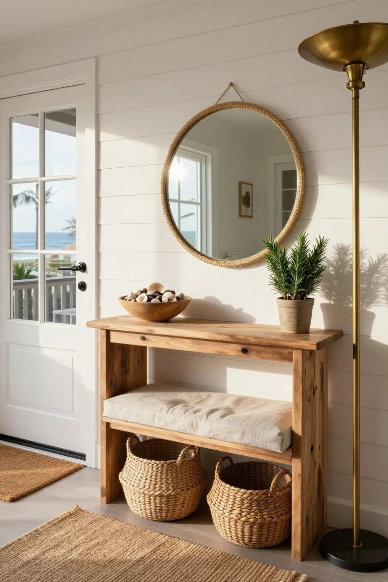 Wooden console with round mirror, seashell bowl, plant, baskets, and brass lamp in bright entryway