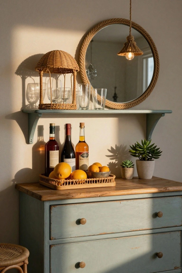 A light blue painted wooden dresser with a wooden top holds a wicker tray of citrus and liquor bottles, two small potted succulents, and a wall-mounted shelf above displaying glasses in a woven caddy, with a round rope-framed mirror hanging overhead.