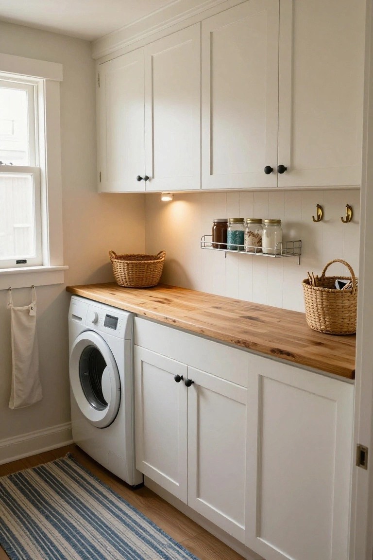 Laundry room with white cabinets, a wooden countertop, front-loading washer, and wall-mounted jars on a white beadboard backsplash.