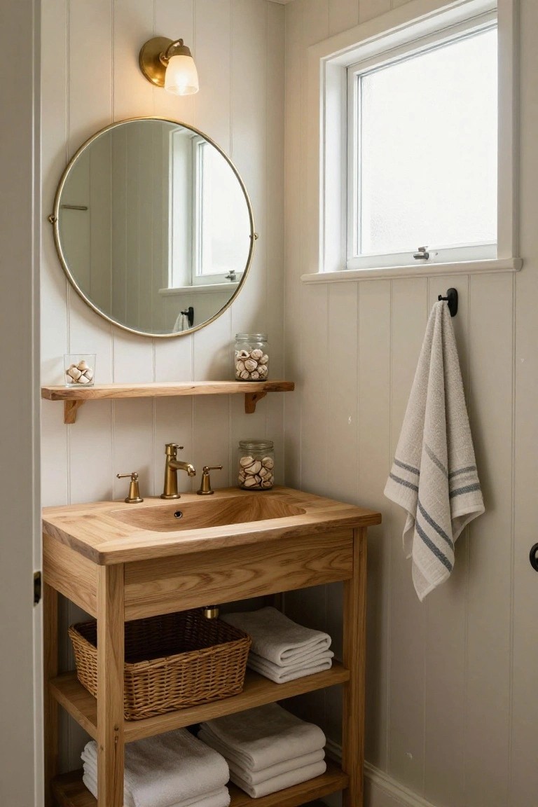 A light wood bathroom vanity with an integrated sink, round mirror above it, and open lower shelves holding folded towels and a wicker basket.