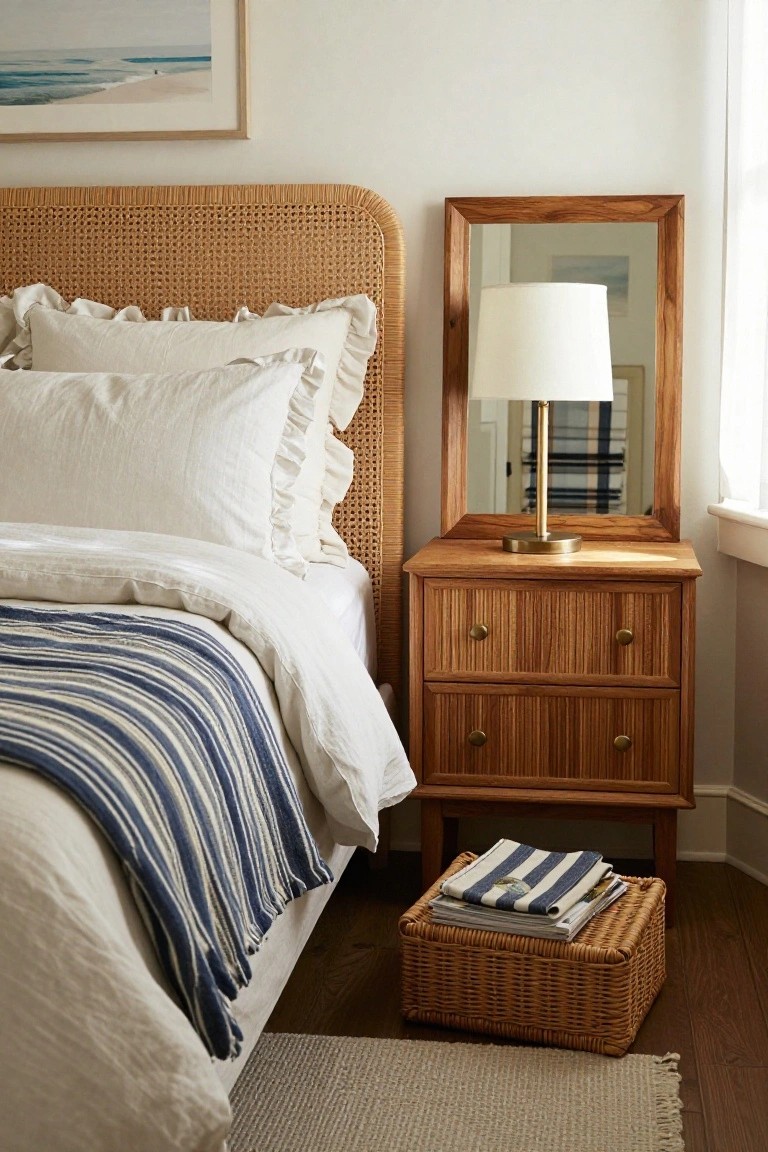 Bed with rattan headboard, white linens, blue striped throw beside wooden nightstand and mirror