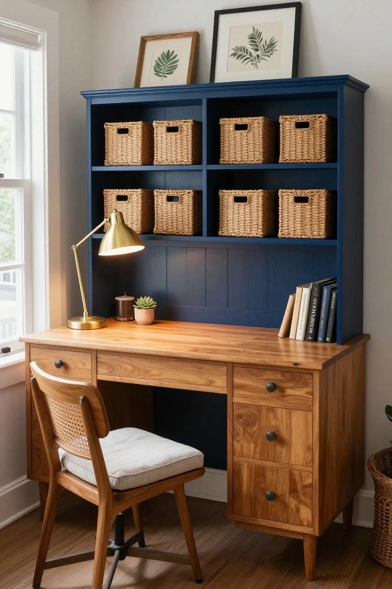 A wooden desk with a large blue built-in hutch above it, filled with woven baskets, and a wooden chair with a light cushion in front.