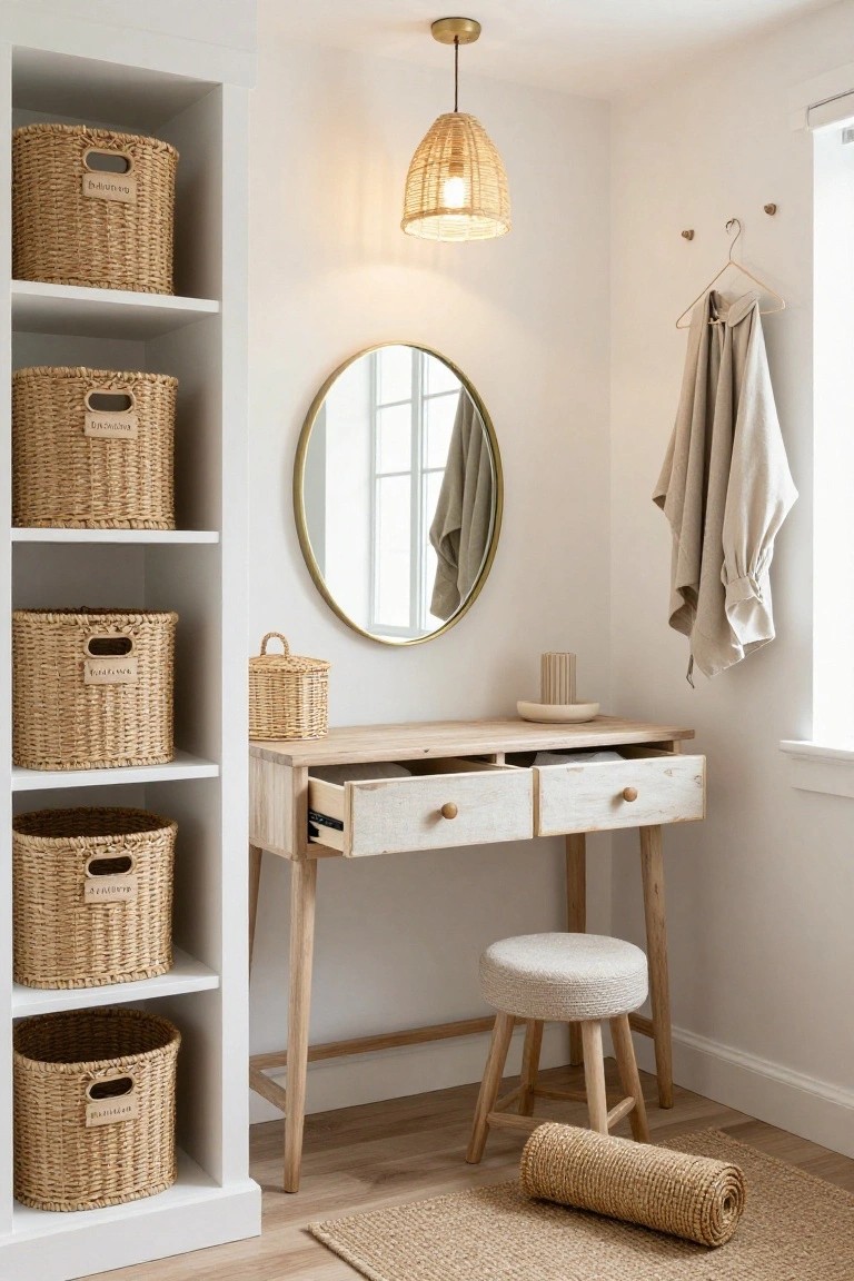 A light wood vanity with open drawers sits below a round mirror, with woven baskets stored on white shelves to the left and a woven stool in front.