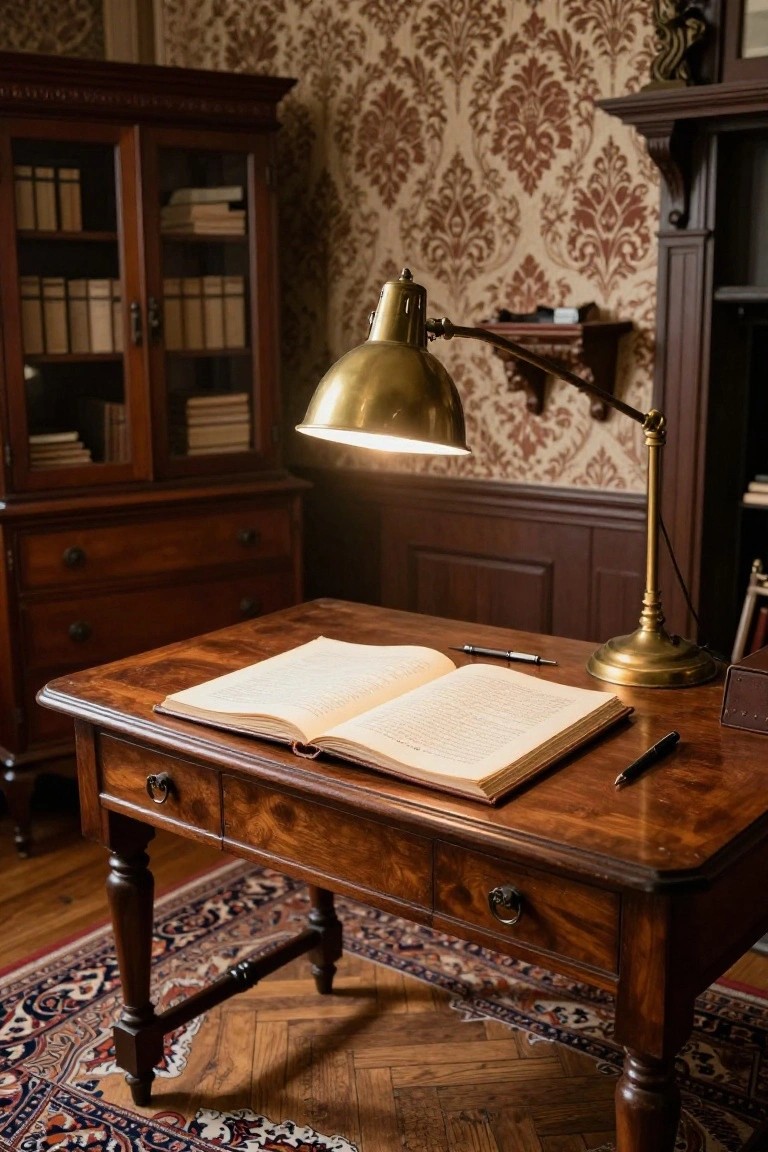 A wooden desk with an open book under a lit brass desk lamp in a room with patterned wallpaper and a wooden bookcase.