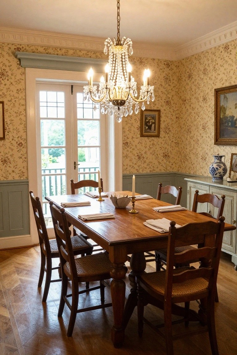 A dining room with a long wooden table surrounded by dark wooden chairs, a lit crystal chandelier overhead, and floral wallpaper on the walls.