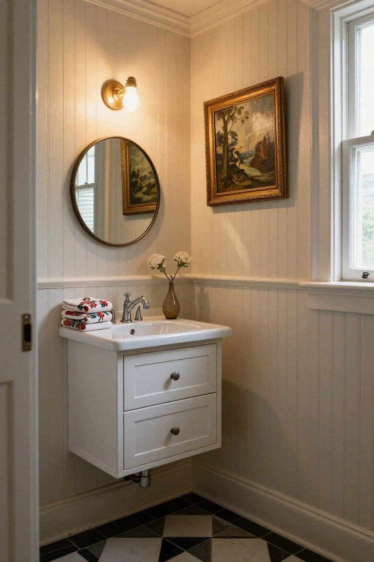 A bathroom interior with white beadboard wainscoting, a floating white vanity, round mirror, wall sconce, and a framed painting above a vase of flowers.