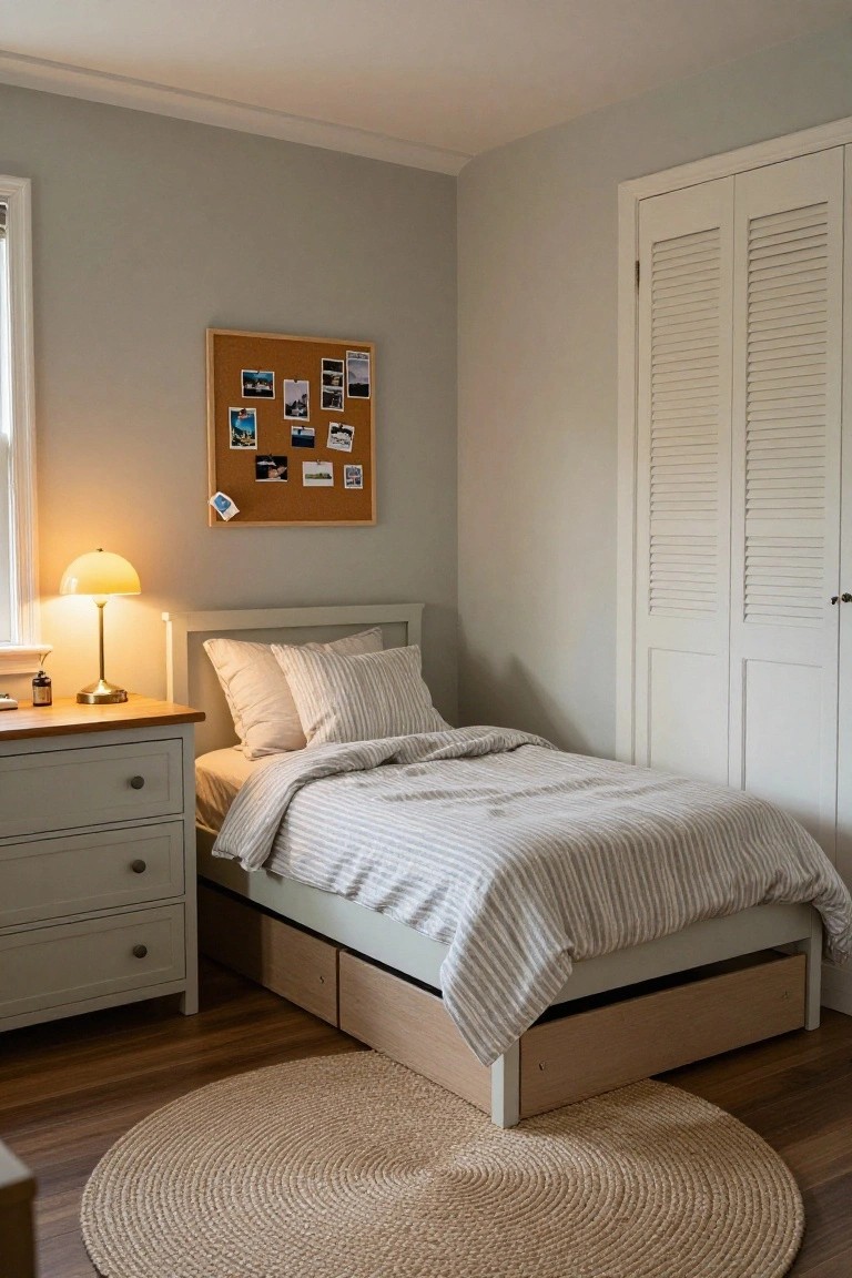 A small bedroom featuring a bed with under-bed storage drawers, a wooden nightstand with a lit lamp, and a corkboard above the headboard.