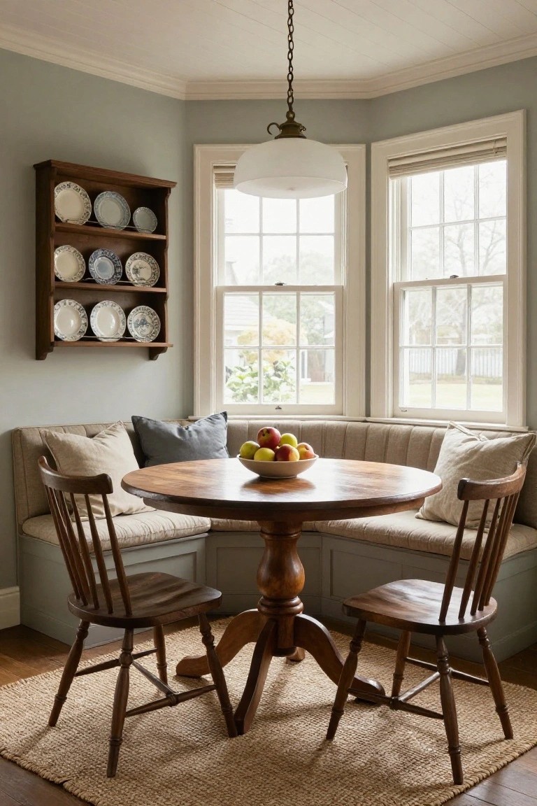 A round wooden dining table sits in front of built-in bench seating beneath three windows, with two wooden chairs and a wall-mounted plate rack visible on the left.