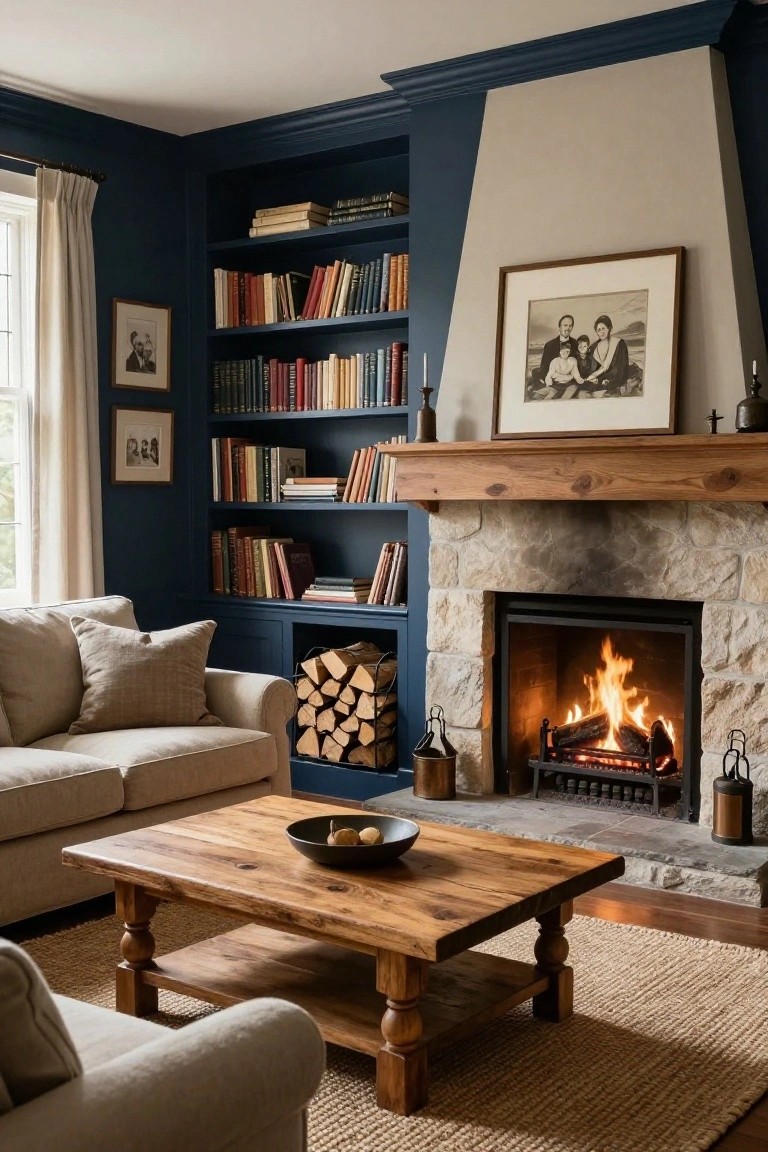 A living room featuring a stone fireplace with a wooden mantel, flanked by deep blue built-in bookshelves filled with books, and a wooden coffee table in front of a beige sofa.