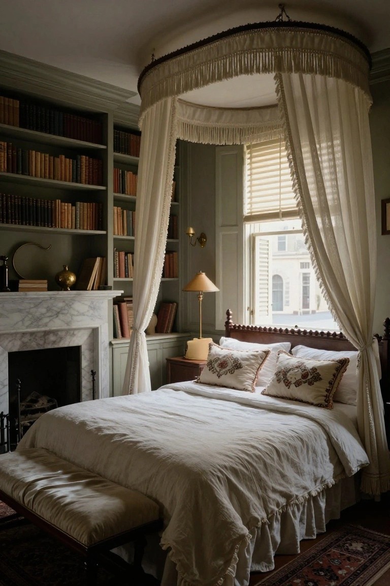 A traditional bedroom with a canopy bed, built-in bookshelves flanking a marble fireplace, and a window with blinds.
