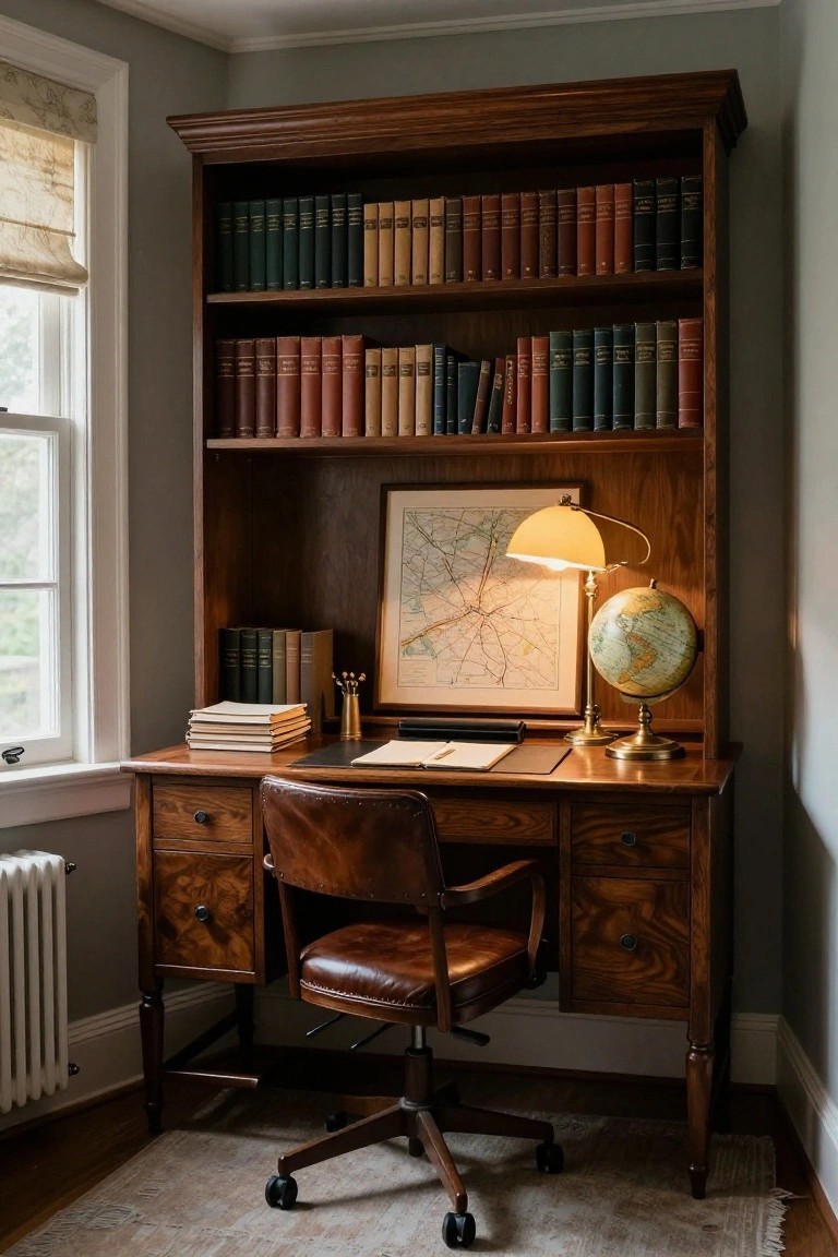 A wooden built-in desk and bookshelf unit in a traditional home office with a leather swivel chair, books on the shelves, and a globe and lamp on the desk surface.