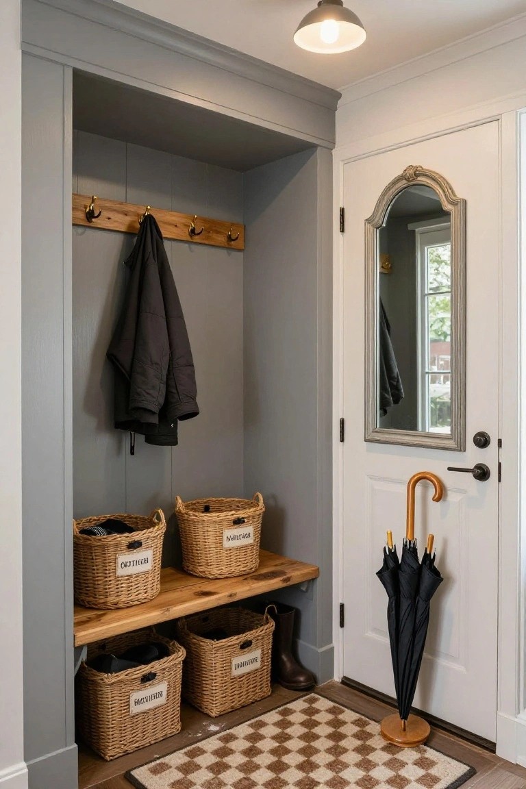 Gray mudroom with wooden bench, labeled wicker baskets, coat hooks, and umbrella by door.