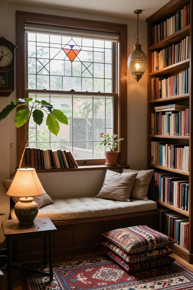 An interior reading nook with a cushioned window seat under a large multi-paned window, wooden bookshelves on the right, and a small side table with a lamp on the left.