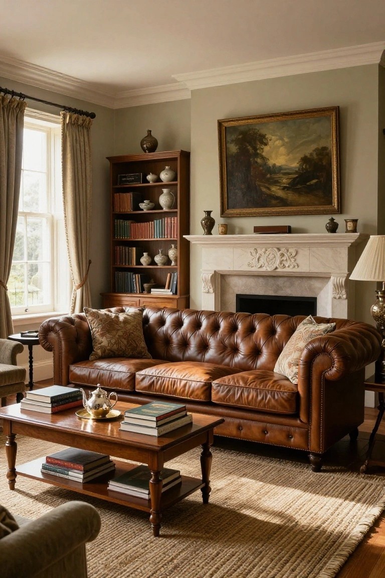 A brown leather Chesterfield sofa in a traditional living room with a marble fireplace, wooden bookshelf, and coffee table holding books.