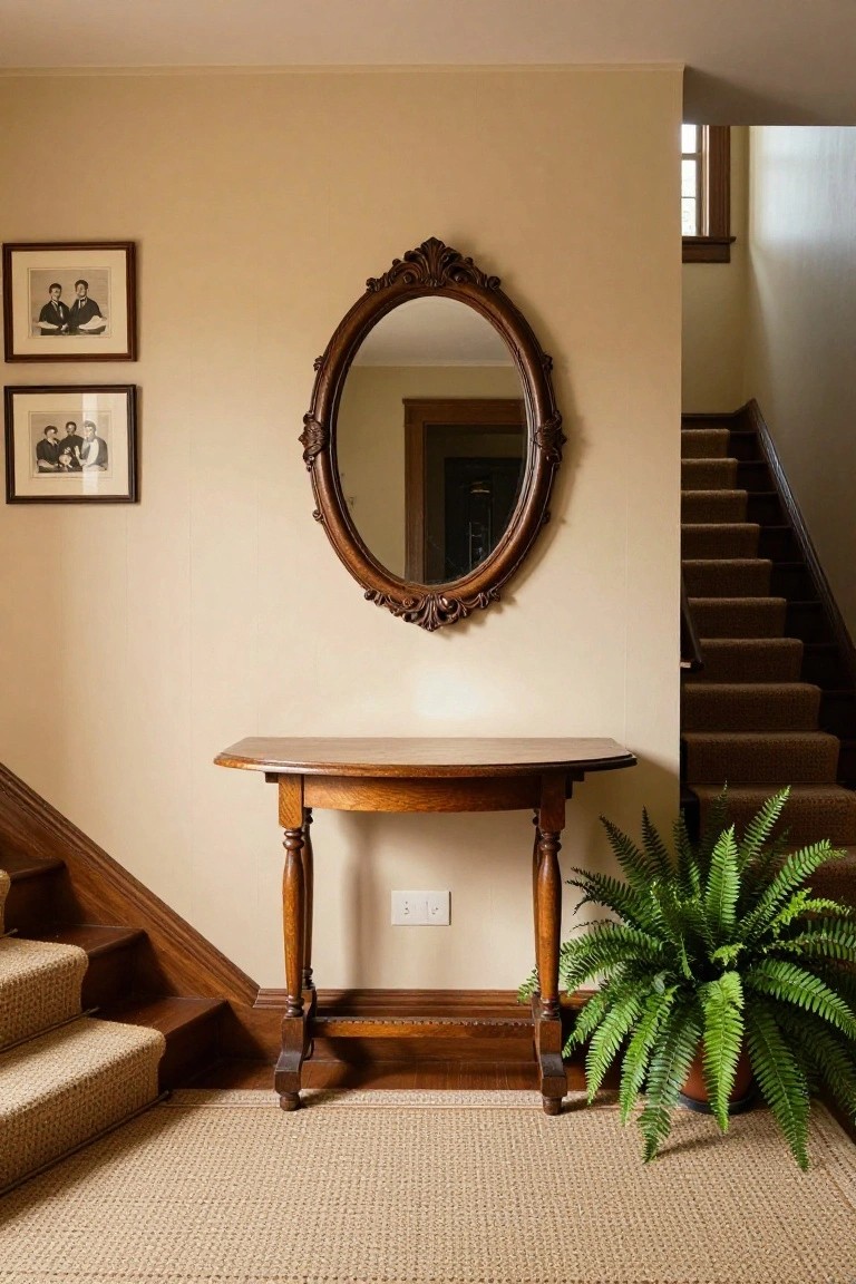 Ornate oval mirror above wooden console table beside potted fern and stairs