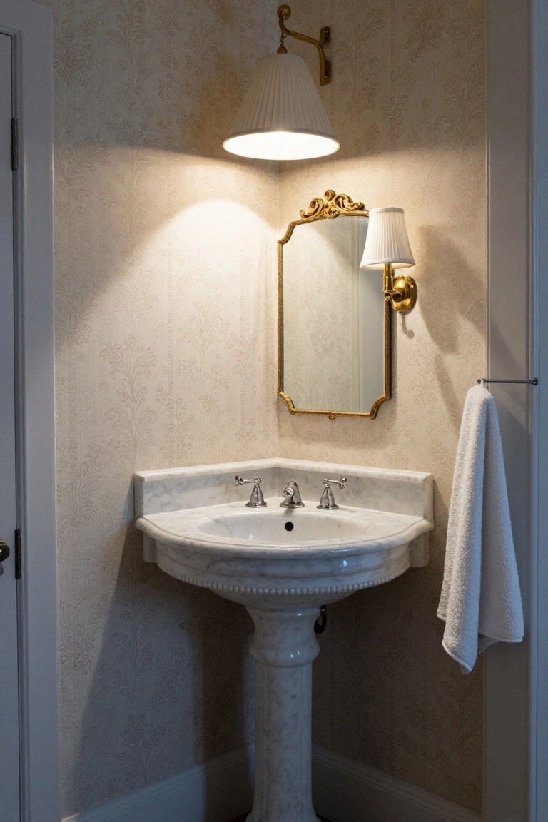 A white marble pedestal sink installed in the corner of a bathroom with light patterned wallpaper, a gold-framed mirror, and wall sconces above the sink.