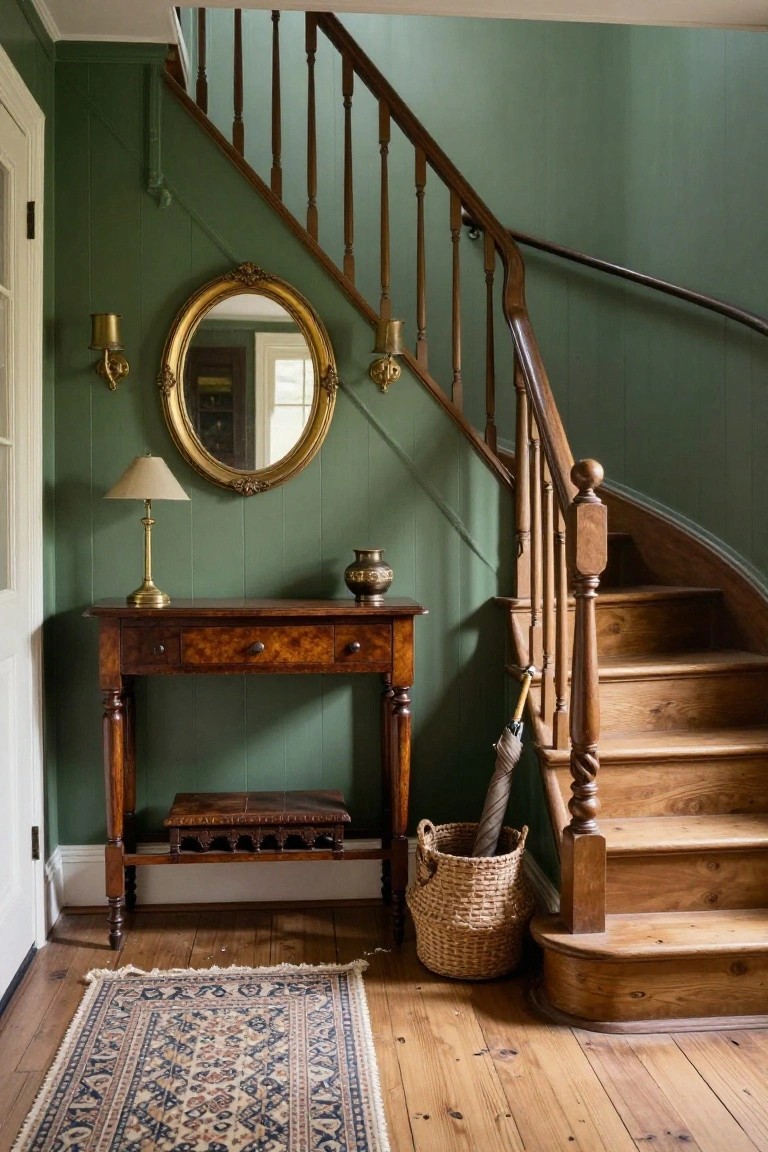 Wooden staircase in green entryway with gold mirror and console table