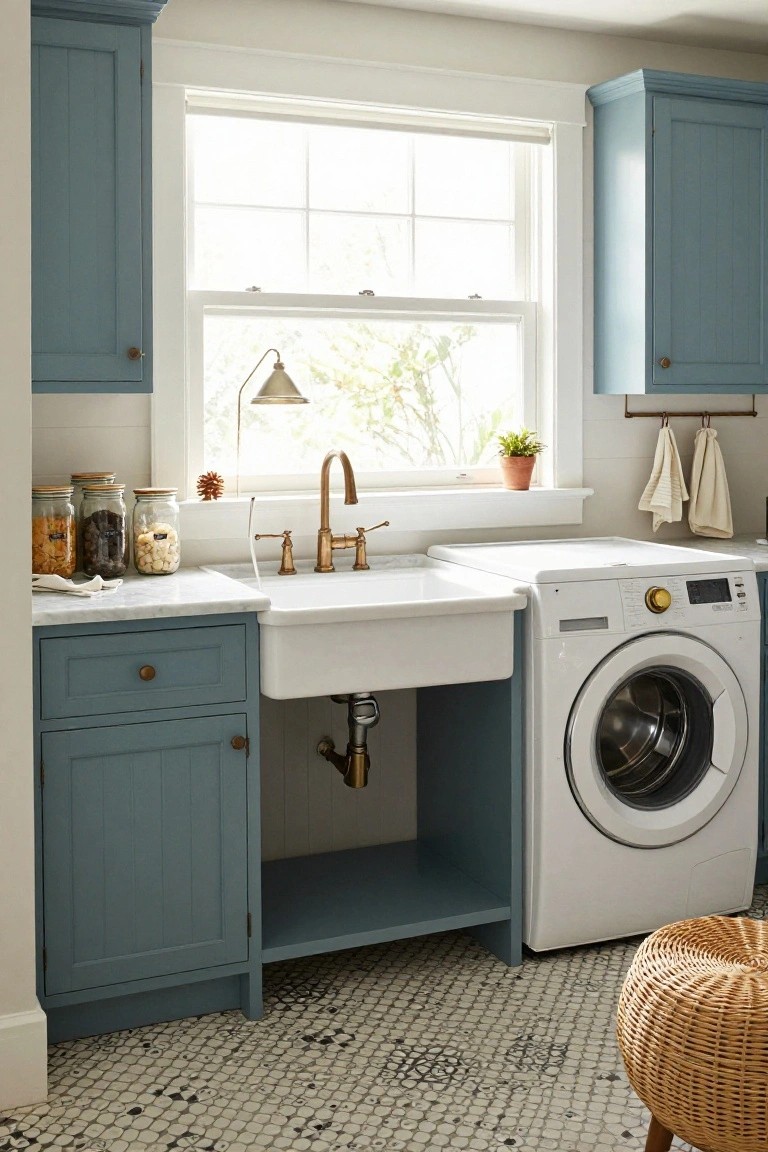 Blue laundry room with farmhouse sink, washer, marble counters, and patterned tile floor