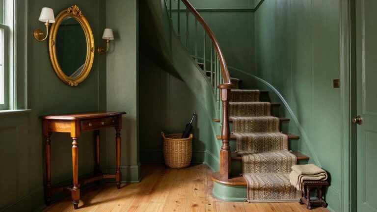 Wooden staircase in green entryway with gold mirror and console table