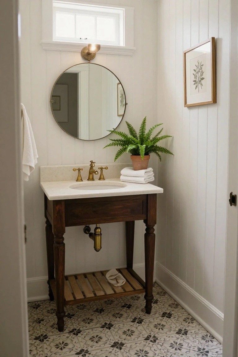 A bathroom with a dark wooden freestanding vanity, white marble top, round mirror above, and slatted lower shelf on patterned tile floor.