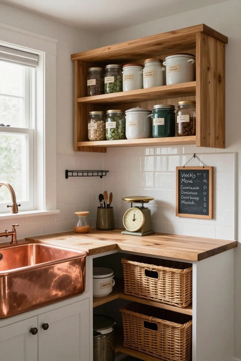 A kitchen corner featuring wooden open shelves stocked with labeled glass jars and ceramic canisters above a wooden countertop and copper sink, with wicker baskets stored in the open space below.