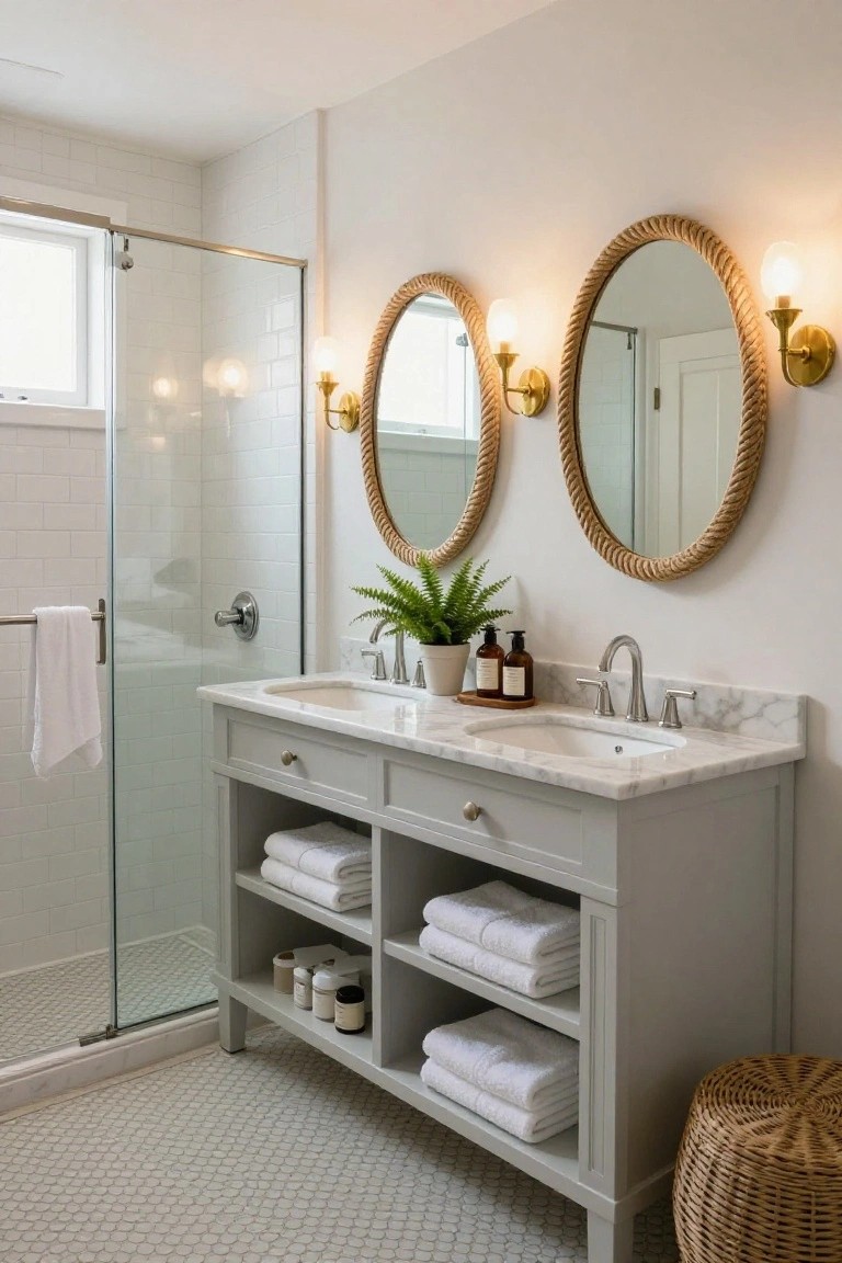 A double bathroom vanity with gray painted wood, white marble countertop, two undermount sinks, and open lower shelving holding stacks of white towels, set against a white tiled wall with two round mirrors above.