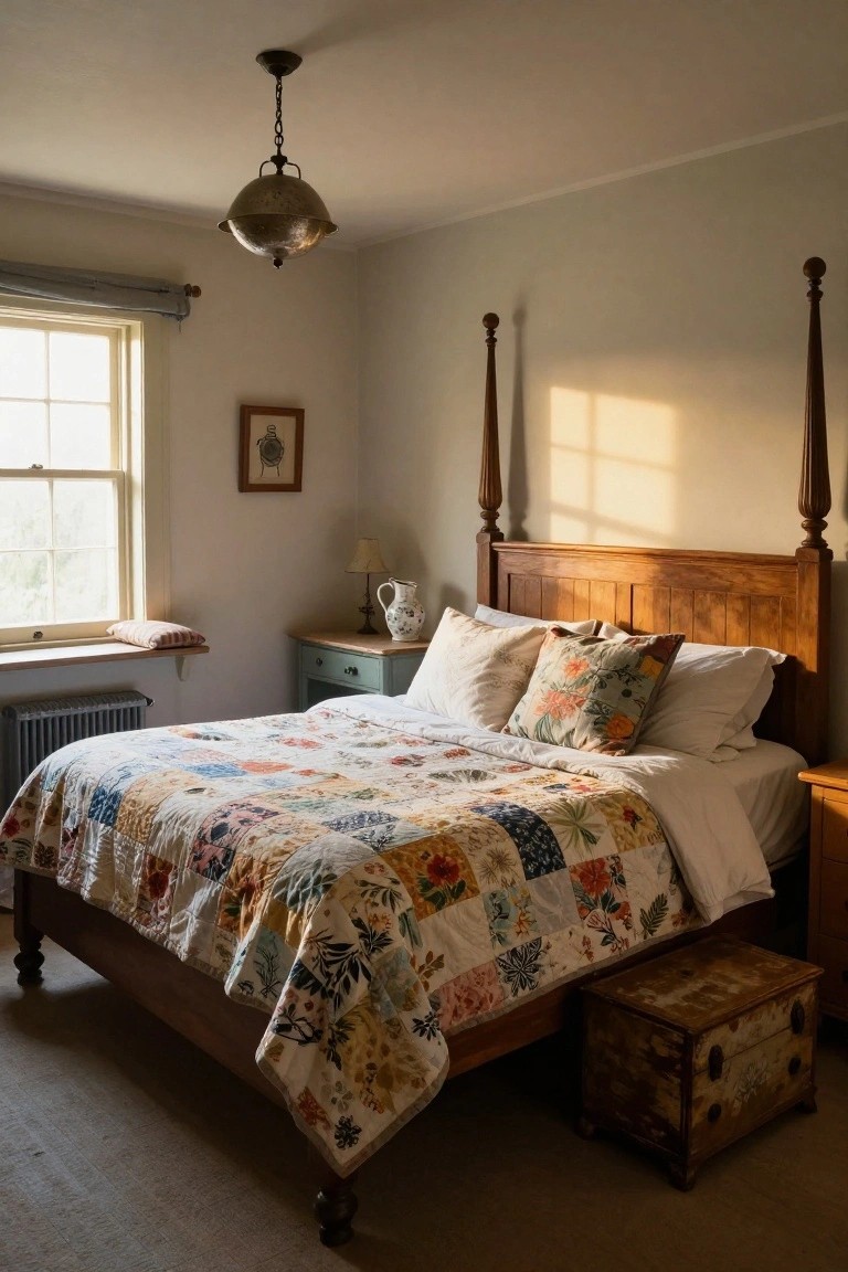 A bedroom featuring a wooden four-poster bed dressed with a colorful floral patchwork quilt, a hanging metal pendant light, and a window to the left.