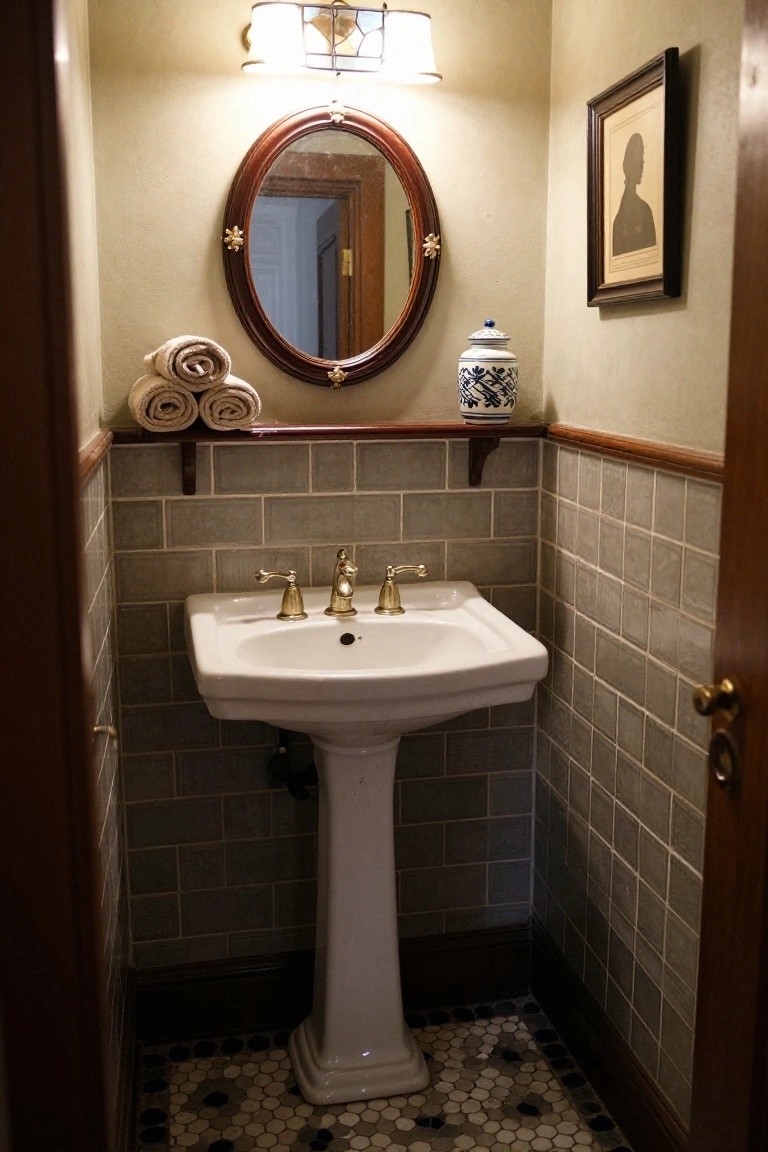 A white pedestal sink with brass faucets in a small bathroom featuring gray tile wainscoting, a round wood-framed mirror, and rolled towels on a shelf.