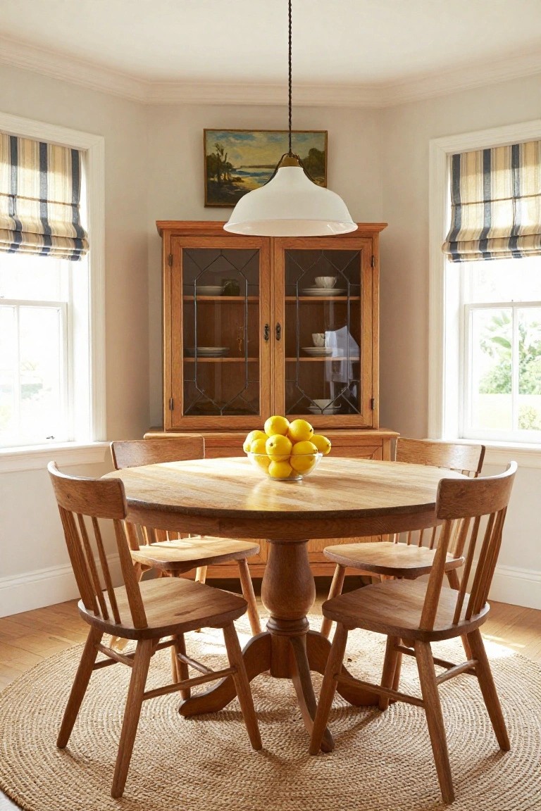 A round wooden pedestal dining table with six matching chairs sits on a circular jute rug in a traditional dining room with a wooden hutch and two windows with striped roman shades.